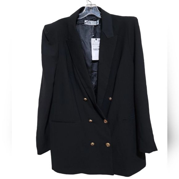 ZARA Black Padded Shoulder Double Breasted Blazer with Gold Buttons Sz XXL - Picture 11 of 12